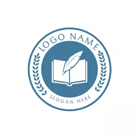 圖書館 Logo Blue Encircled Book and Feather Pen logo design