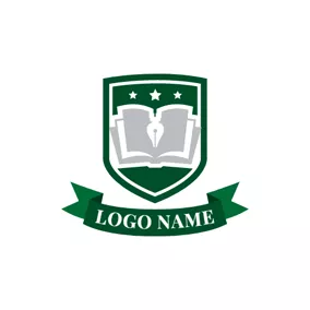 Bookstore Logo Green Book Shield and Banner Emblem logo design