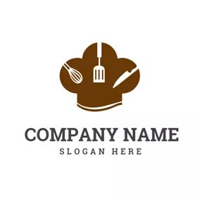キッチンロゴ Kitchen Ware and Brown Chef Hat logo design