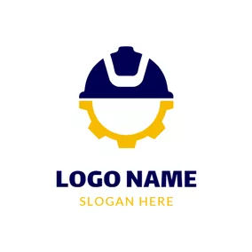 機械logo Yellow Gear and Blue Safety Helmet logo design